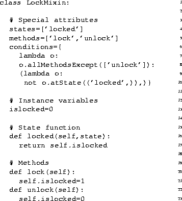 \begin{figure}
 \parbox{\myfigwidth}{\small\begin{aasrc}
\aaline{1}{\aakw{class}...
 ...unc{unlock}(self):}
\aaline{23}{\aaws{4}self.islocked=0}\end{aasrc}}\end{figure}