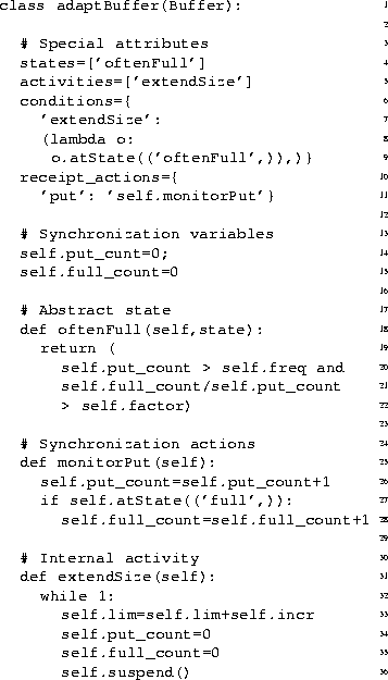 \begin{figure}
 \parbox{\myfigwidth}{\small\begin{aasrc}
\aaline{1}{\aakw{class}...
 ....full{\aaus}count=0}
\aaline{36}{\aaws{6}self.suspend()}\end{aasrc}}\end{figure}