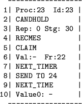 \begin{figure}
\begin{verbatim}------------------
1\vert Proc:23 Id:23 \vert...
...IME \vert
10\vert Value0: - \vert
------------------\end{verbatim}\end{figure}